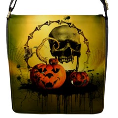 Halloween, Funny Pumpkins And Skull With Spider Flap Messenger Bag (s) by FantasyWorld7