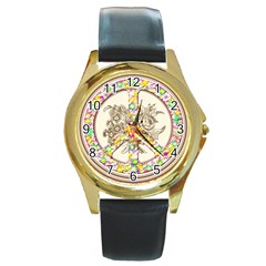 Peace Logo Floral Pattern Round Gold Metal Watch by Simbadda