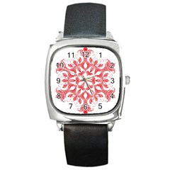 Red Pattern Filigree Snowflake On White Square Metal Watch by Amaryn4rt