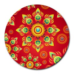 Red And Orange Floral Geometric Pattern Round Mousepads by LovelyDesigns4U