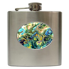 Flower Power Fractal Batik Teal Yellow Blue Salmon Hip Flask (6 Oz) by EDDArt