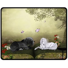 Wonderful Whte Unicorn With Black Horse Fleece Blanket (medium)  by FantasyWorld7