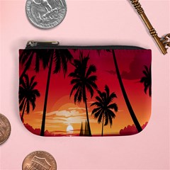 Nature Palm Trees Beach Sea Boat Sun Font Sunset Fabric Mini Coin Purses by Mariart