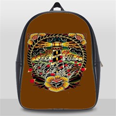 Tattoo Art Print Traditional Artwork Lighthouse Wave School Bags (xl)  by BangZart