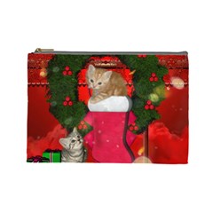 Christmas, Funny Kitten With Gifts Cosmetic Bag (large)  by FantasyWorld7