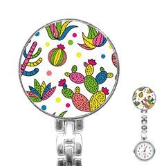 Cactus Seamless Pattern Background Polka Wave Rainbow Stainless Steel Nurses Watch by Mariart