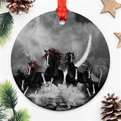 Awesome Wild Black Horses Running In The Night Ornament (round) by FantasyWorld7