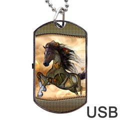 Steampunk, Wonderful Steampunk Horse With Clocks And Gears, Golden Design Dog Tag Usb Flash (one Side) by FantasyWorld7