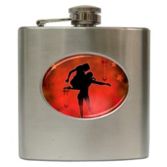 Dancing Couple On Red Background With Flowers And Hearts Hip Flask (6 Oz) by FantasyWorld7