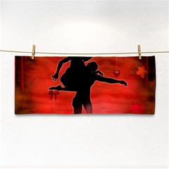 Dancing Couple On Red Background With Flowers And Hearts Hand Towel by FantasyWorld7