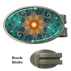 Beautiful Tangerine Orange And Teal Lotus Fractals Money Clips (oval)  by jayaprime