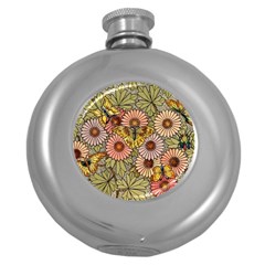 Flower Butterfly Cubism Mosaic Round Hip Flask (5 Oz) by Nexatart