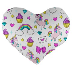 Cute Unicorn Pattern Large 19  Premium Flano Heart Shape Cushions by Valentinaart