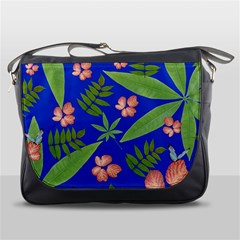 Leaves On Blue Messenger Bags by LoolyElzayat