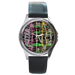 Pink Green Paint Battle And Black Lightning  Zigzag Round Metal Watch by flipstylezfashionsLLC