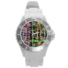 Pink Green Paint Battle And Black Lightning  Zigzag Round Plastic Sport Watch (l) by flipstylezfashionsLLC