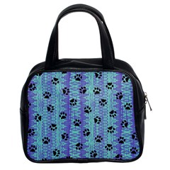 Footprints Cat Black On Batik Pattern Teal Violet Classic Handbags (2 Sides) by EDDArt