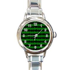 Alien Green And Black Halloween Nightmare Stripes  Round Italian Charm Watch by PodArtist