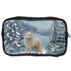 Wonderful Arctic Wolf In The Winter Landscape Toiletries Bag (two Sides) by FantasyWorld7