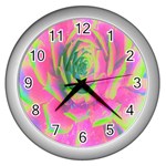 Lime Green And Pink Succulent Sedum Rosette Wall Clock (Silver) Front