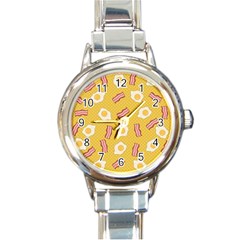 Bacon And Egg Pop Art Pattern Round Italian Charm Watch by Valentinaart