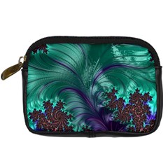 Fractal Turquoise Feather Swirl Digital Camera Leather Case by Pakrebo