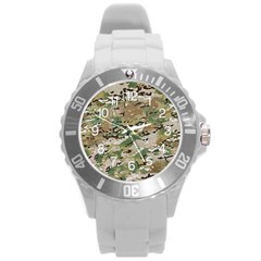 Wood Camouflage Military Army Green Khaki Pattern Round Plastic Sport Watch (l) by snek