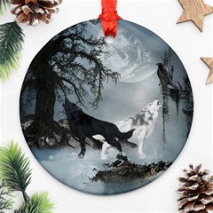 Awesome Black And White Wolf In The Dark Night Ornament (round) by FantasyWorld7