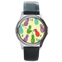 Colorful Pineapples Wallpaper Background Round Metal Watch by Sudhe