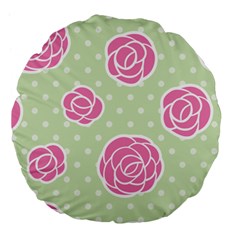 Roses Flowers Pink And Pastel Lime Green Pattern With Retro Dots Large 18  Premium Flano Round Cushions by genx