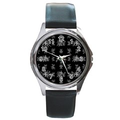 Black And White Ethnic Design Print Round Metal Watch by dflcprintsclothing