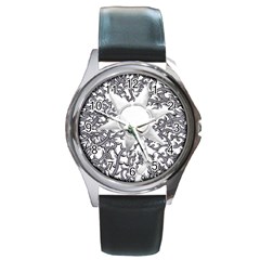 Geometric Flower And Vines 01 Round Metal Watch by okhismakingart