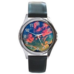 Brushstroke Skies Round Metal Watch by okhismakingart