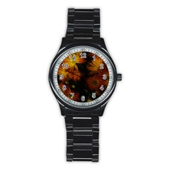 Red Striped Flowers Stainless Steel Round Watch by okhismakingart