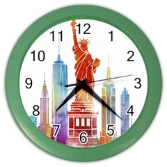 New York City Poster Watercolor Painting Illustrat Color Wall Clock by Sudhe