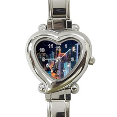 High Rise Buildings With Lights Heart Italian Charm Watch by Pakrebo