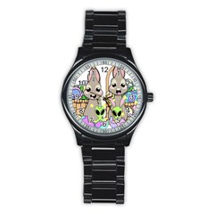 Graphic Kawaii Bunnies Stainless Steel Round Watch by Sudhe