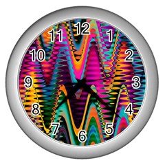 Multicolored Wave Distortion Zigzag Chevrons 2 Background Color Solid Black Wall Clock (silver) by EDDArt