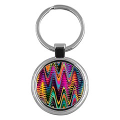 Multicolored Wave Distortion Zigzag Chevrons 2 Background Color Solid Black Key Chain (round) by EDDArt