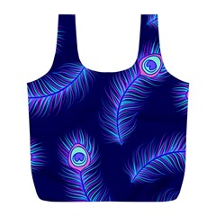 Seamless Pattern With Colorful Peacock Feathers Dark Blue Background Full Print Recycle Bag (l) by Vaneshart