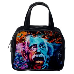 Albert Einstein Retro Wall Graffiti Blue Pink Orange Modern Urban Art Grunge Classic Handbag (one Side) by snek