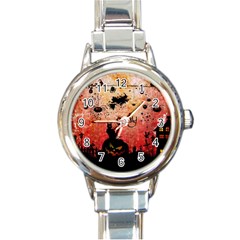 Funny Halloween Design, Cat, Pumpkin And Witch Round Italian Charm Watch by FantasyWorld7