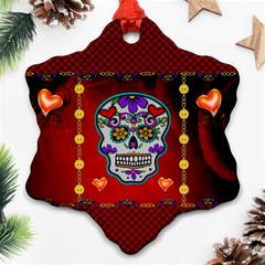 Awesome Sugar Skull With Hearts Snowflake Ornament (two Sides) by FantasyWorld7