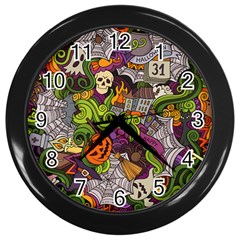 Halloween Doodle Vector Seamless Pattern Wall Clock (black) by Sobalvarro