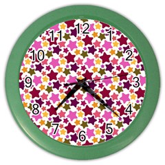 Christmas Pattern Background Green Decorative Star Snow Card Elegant Color Wall Clock by Vaneshart