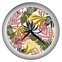 Fashionable Seamless Tropical Pattern With Bright Pink Green Flowers Wall Clock (silver) by Wegoenart