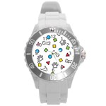 Dog Paw Seamless Pattern Footprint Bone Round Plastic Sport Watch (L) Front