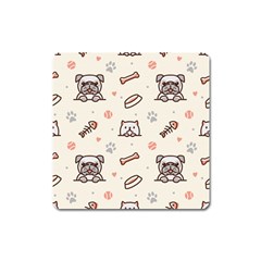 Pug Dog Cat With Bone Fish Bones Paw Prints Ball Seamless Pattern Vector Background Square Magnet by Vaneshart