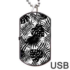 Black And White Tropical Leafs Pattern, Vector Image Dog Tag Usb Flash (one Side) by Casemiro