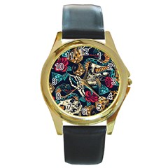 Vintage Art Tattoos Colorful Seamless Pattern Round Gold Metal Watch by Amaryn4rt